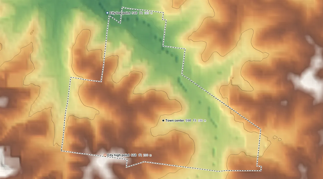 Topographic elevation map of Breckenridge Hills, Missouri, shaded from 540 ft on the northwest side to 660 ft on the southwest side