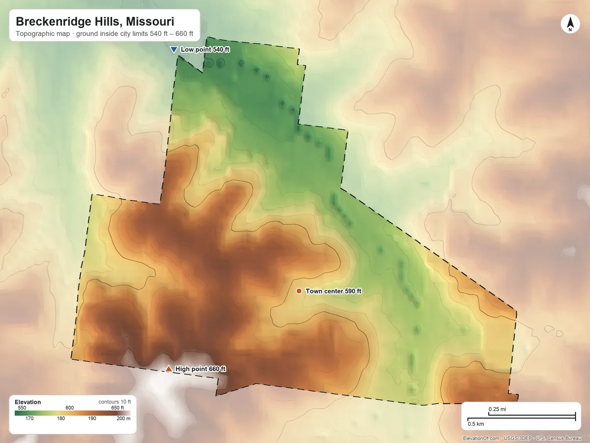 Topographic elevation map of Breckenridge Hills, Missouri, shaded from 540 ft on the northwest side to 660 ft on the southwest side