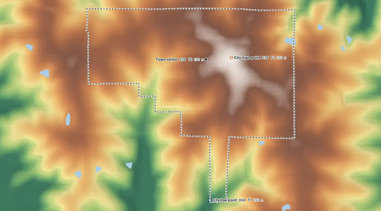 Topographic elevation map of Breckenridge, Missouri, shaded from 860 ft on the south side to 930 ft near the middle