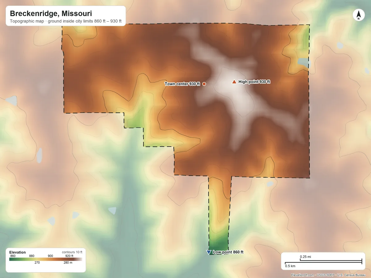 Topographic elevation map of Breckenridge, Missouri, shaded from 860 ft on the south side to 930 ft near the middle