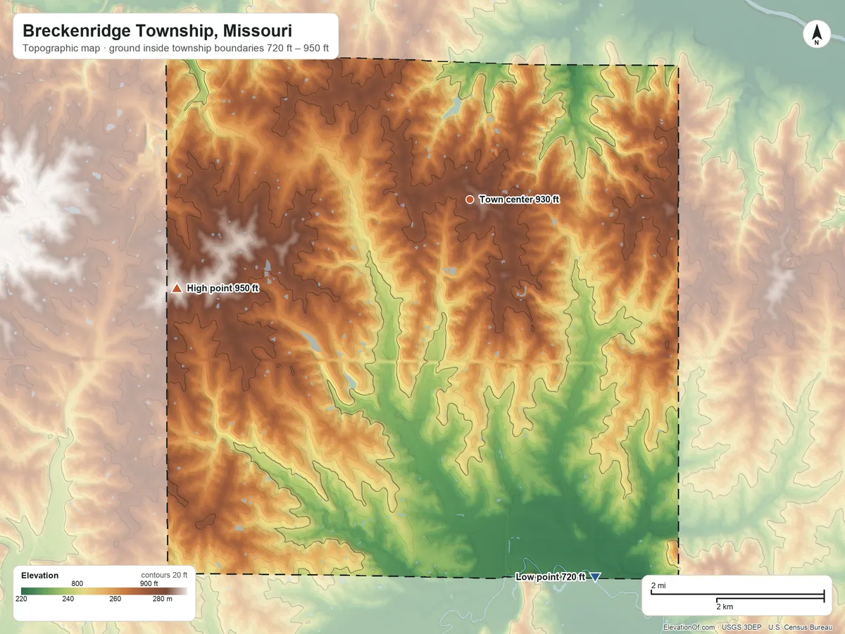 Topographic elevation map of Breckenridge Township, Missouri, shaded from 720 ft on the south side to 950 ft on the west side
