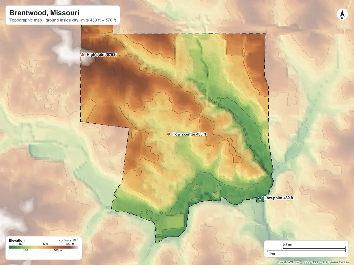 Topographic elevation map of Brentwood, Missouri, shaded from 430 ft on the southeast side to 570 ft on the northwest side