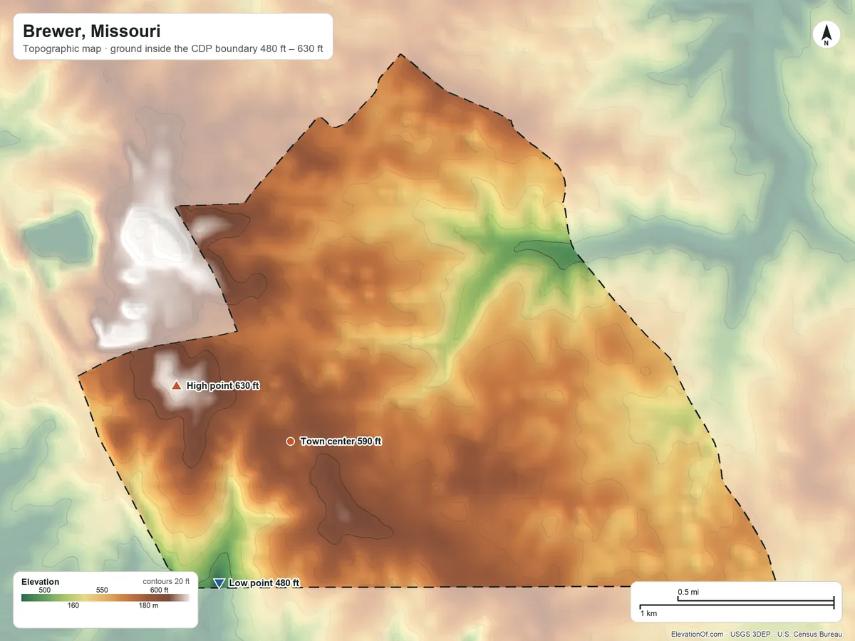 Topographic elevation map of Brewer, Missouri, shaded from 480 ft on the southwest side to 630 ft on the northwest side