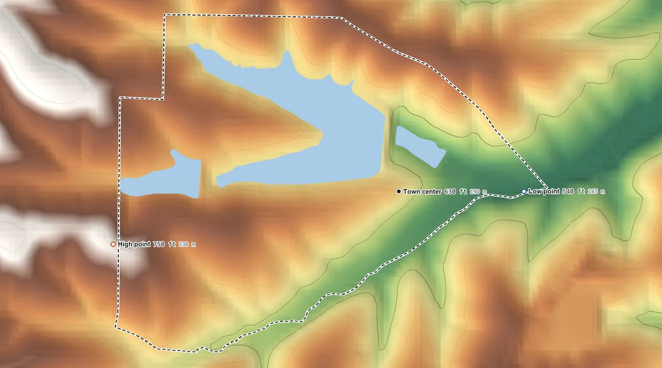 Topographic elevation map of Briarwood Estates, Missouri, shaded from 540 ft on the east side to 750 ft on the west side