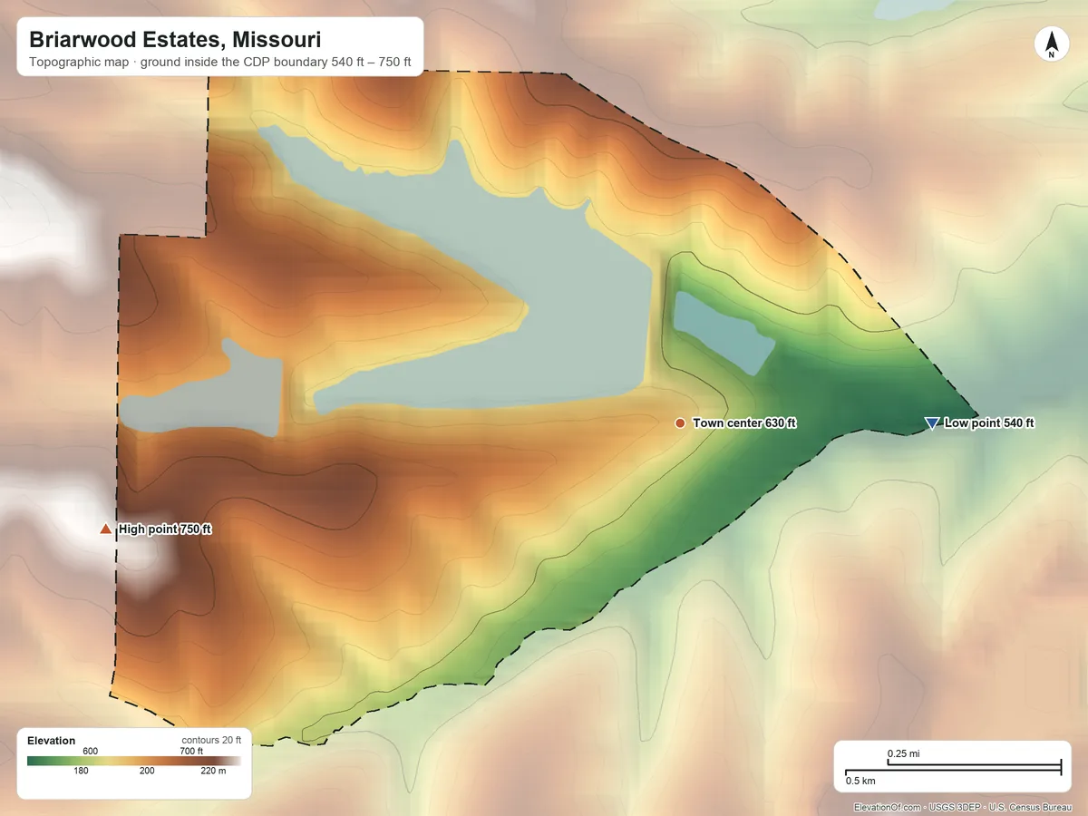 Topographic elevation map of Briarwood Estates, Missouri, shaded from 540 ft on the east side to 750 ft on the west side