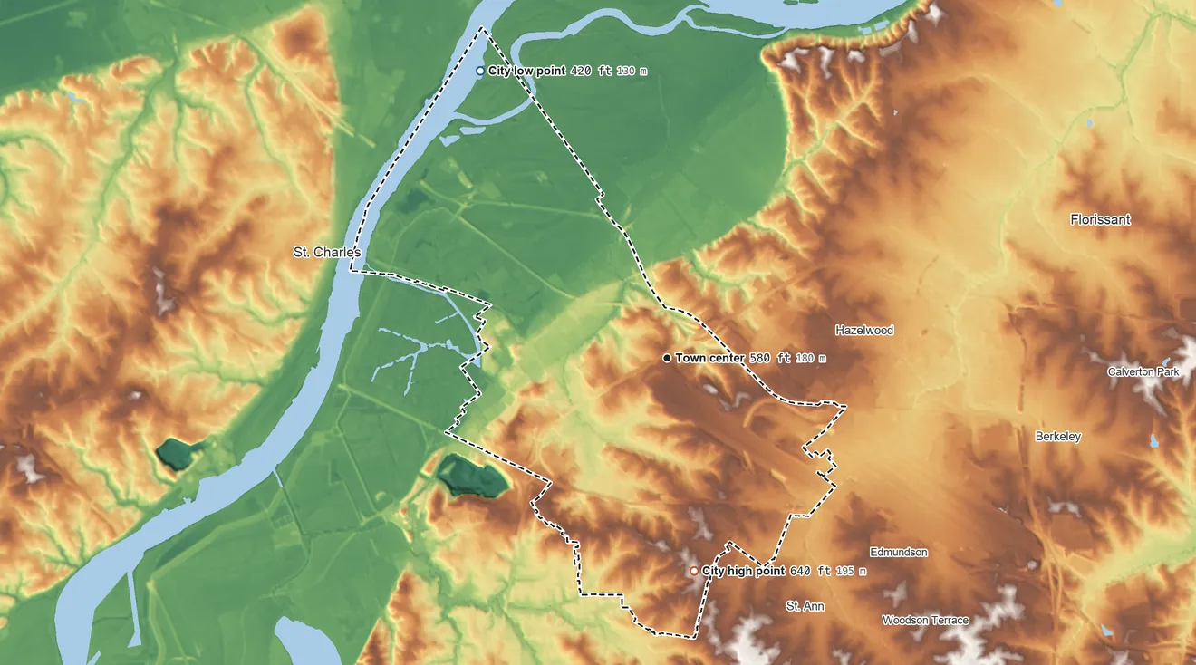 Topographic elevation map of Bridgeton, Missouri, shaded from 420 ft on the northwest side to 640 ft on the south side