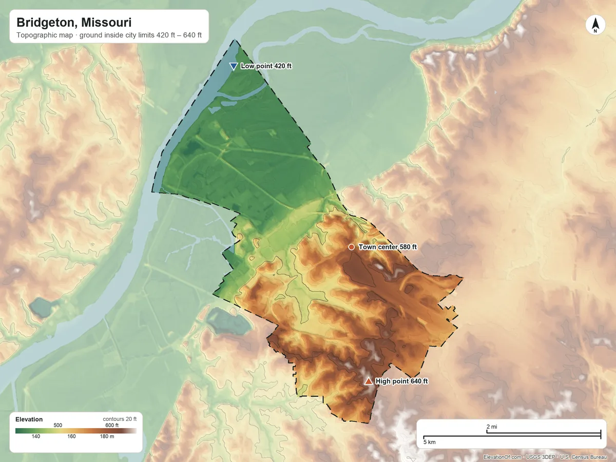 Topographic elevation map of Bridgeton, Missouri, shaded from 420 ft on the northwest side to 640 ft on the south side