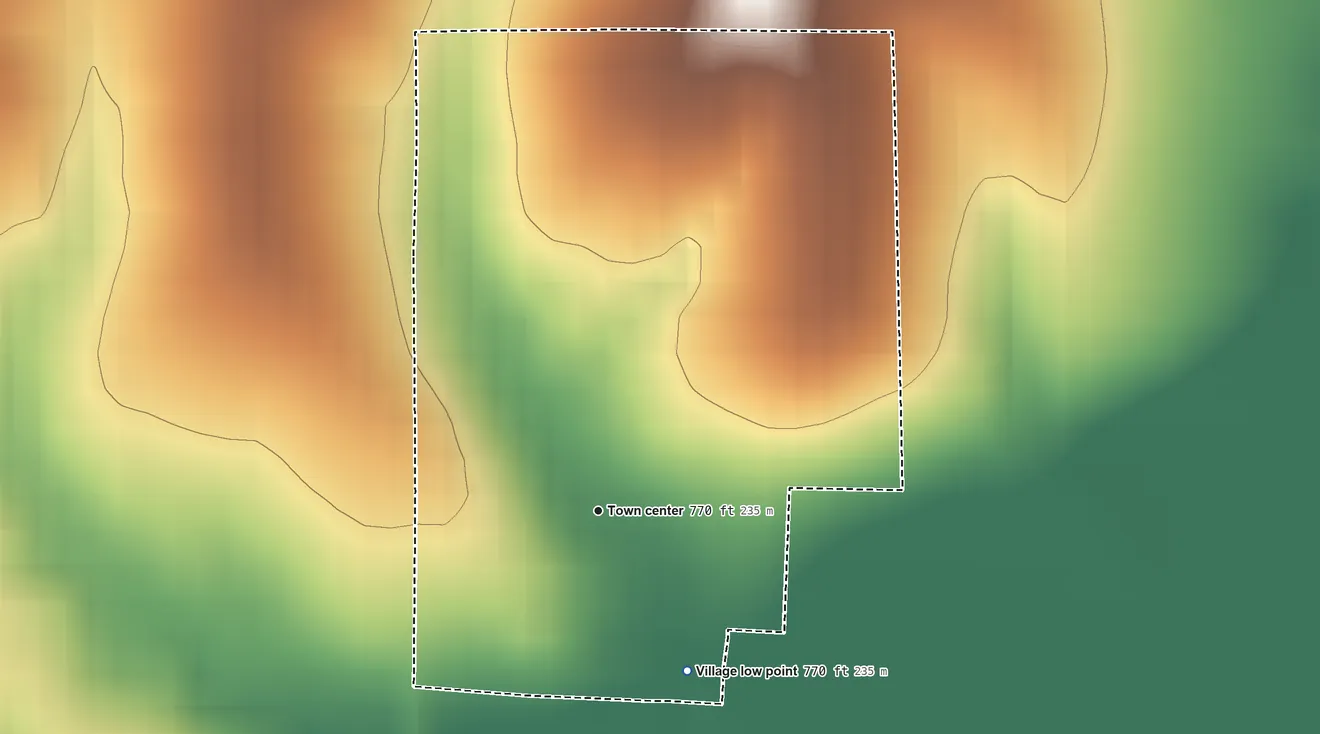Topographic elevation map of Brimson, Missouri, shaded from 770 ft on the southeast side to 850 ft on the north side