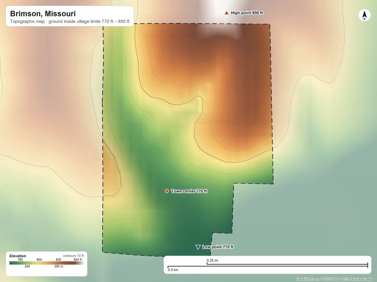 Topographic elevation map of Brimson, Missouri, shaded from 770 ft on the southeast side to 850 ft on the north side
