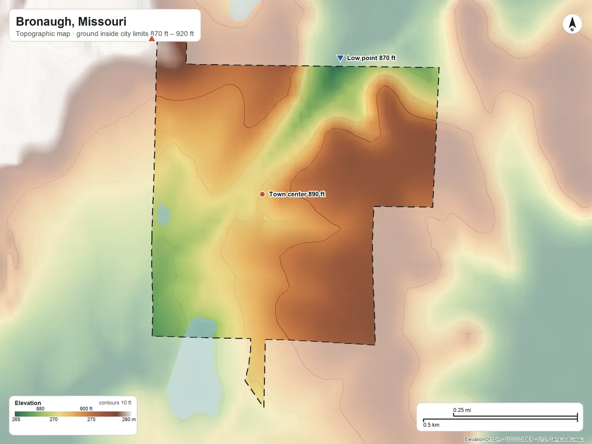 Topographic elevation map of Bronaugh, Missouri, shaded from 870 ft on the northeast side to 920 ft on the northwest side