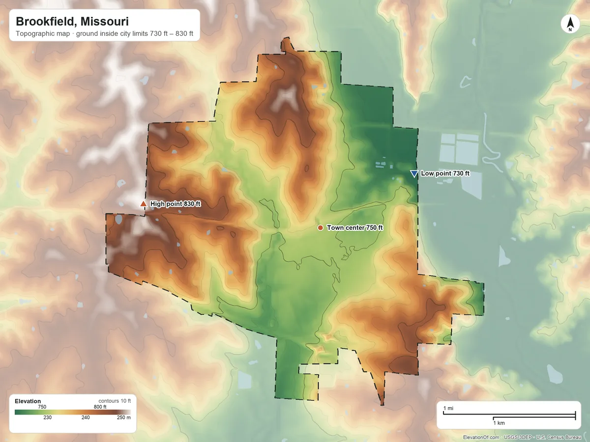 Topographic elevation map of Brookfield, Missouri, shaded from 730 ft on the northeast side to 830 ft on the west side