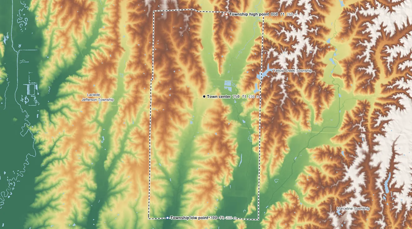 Topographic elevation map of Brookfield Township, Missouri, shaded from 700 ft on the south side to 860 ft on the north side
