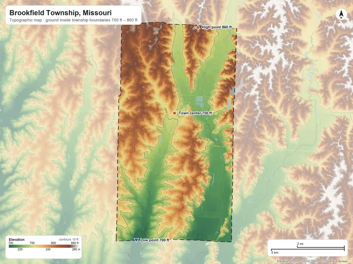 Topographic elevation map of Brookfield Township, Missouri, shaded from 700 ft on the south side to 860 ft on the north side