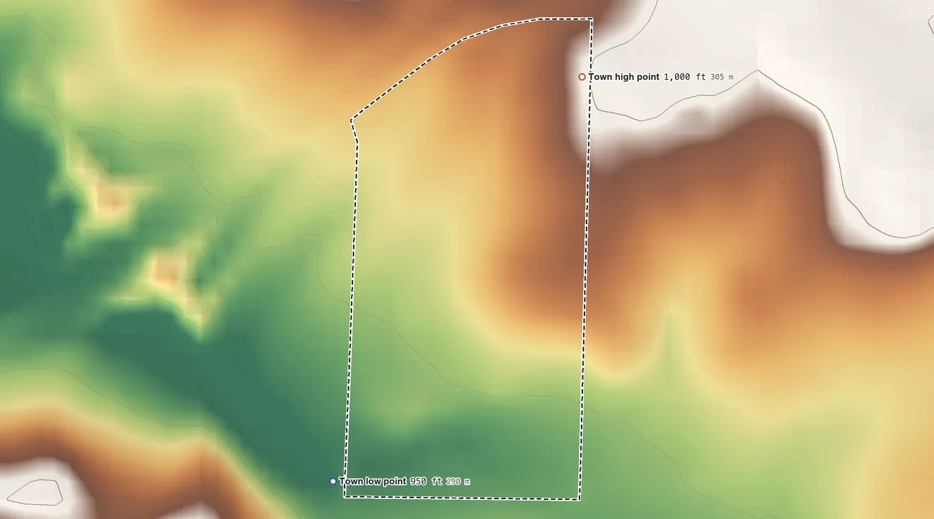 Topographic elevation map of Brooklyn Heights, Missouri, shaded from 950 ft on the south side to 1,000 ft on the northeast side