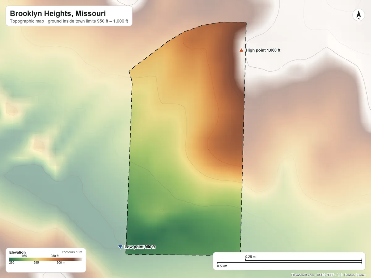 Topographic elevation map of Brooklyn Heights, Missouri, shaded from 950 ft on the south side to 1,000 ft on the northeast side