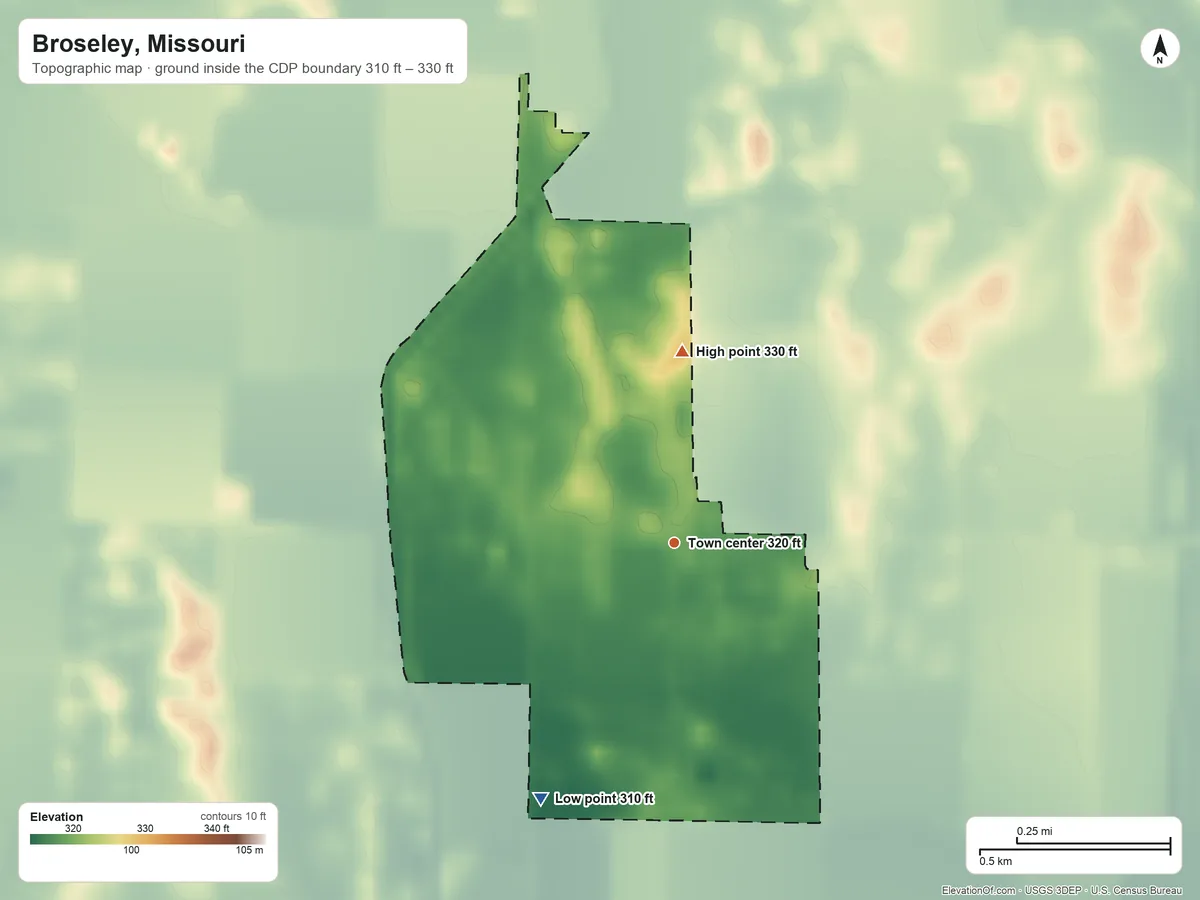 Topographic elevation map of Broseley, Missouri, shaded from 310 ft on the southwest side to 330 ft on the north side