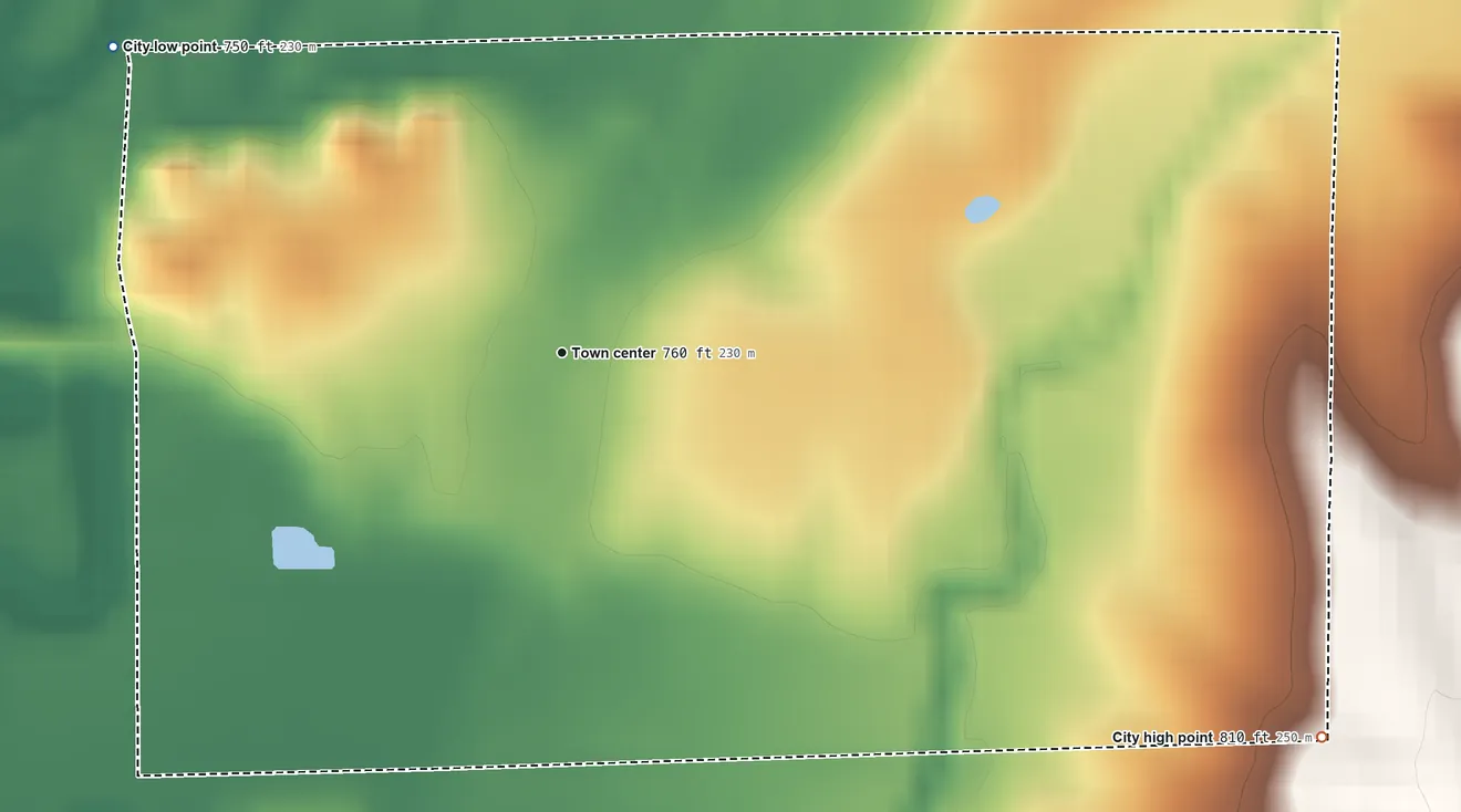 Topographic elevation map of Browning, Missouri, shaded from 750 ft on the northwest side to 810 ft on the southeast side