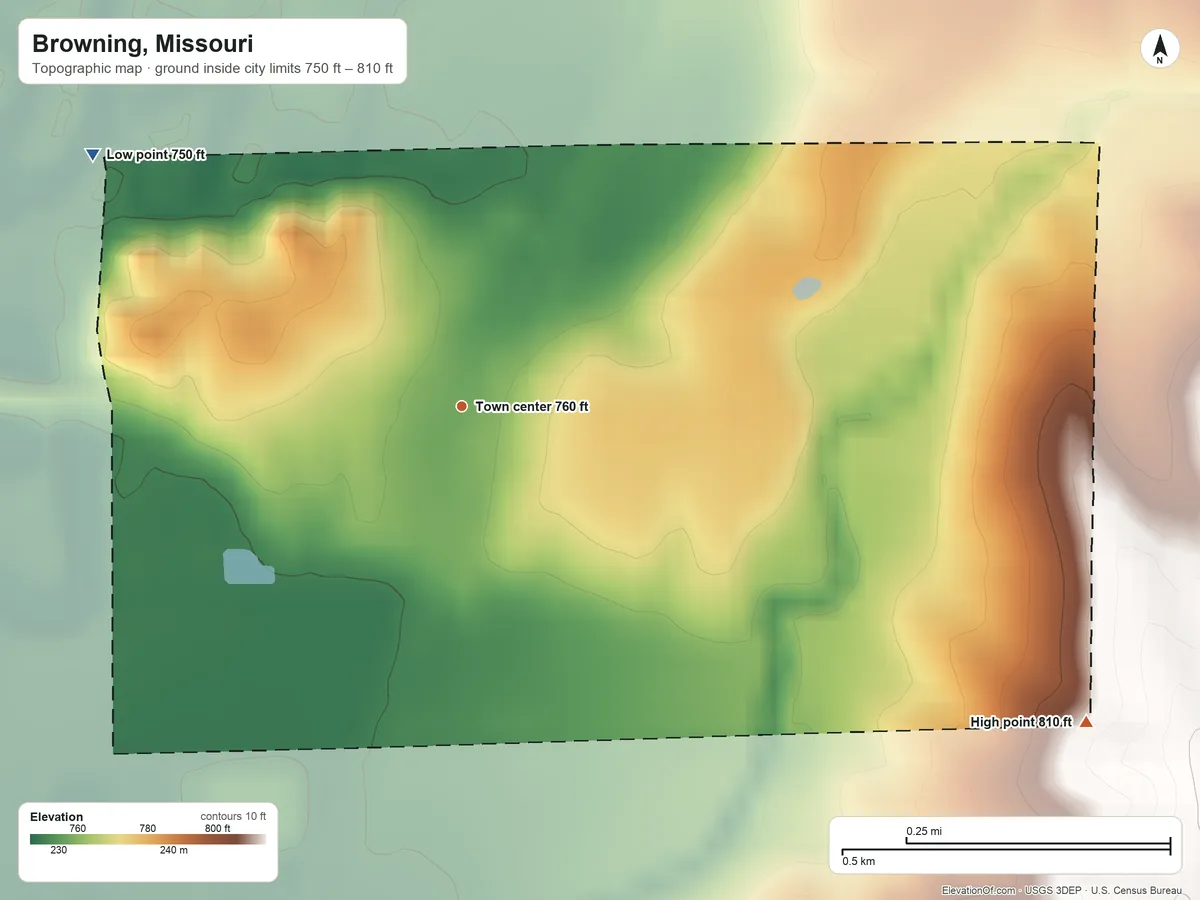 Topographic elevation map of Browning, Missouri, shaded from 750 ft on the northwest side to 810 ft on the southeast side