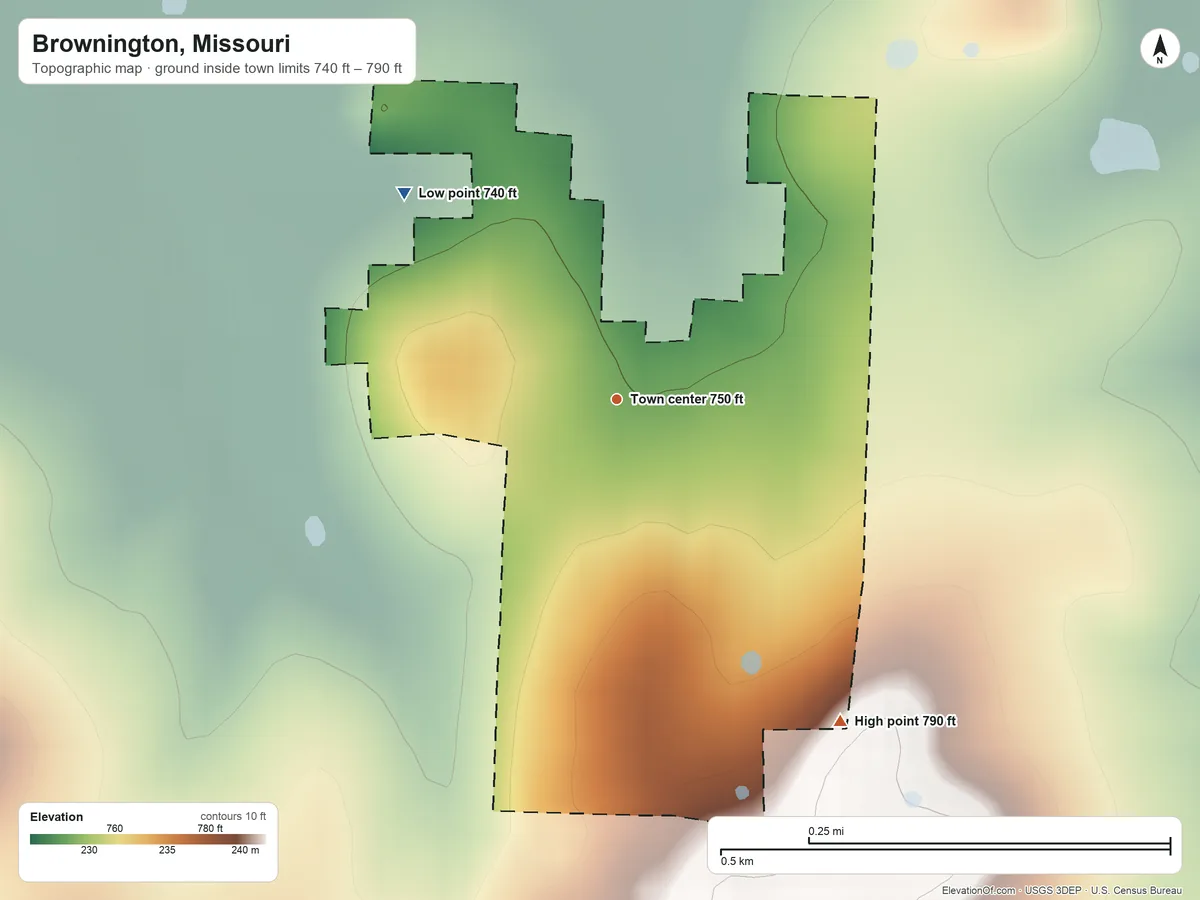 Topographic elevation map of Brownington, Missouri, shaded from 740 ft on the northwest side to 790 ft on the southeast side