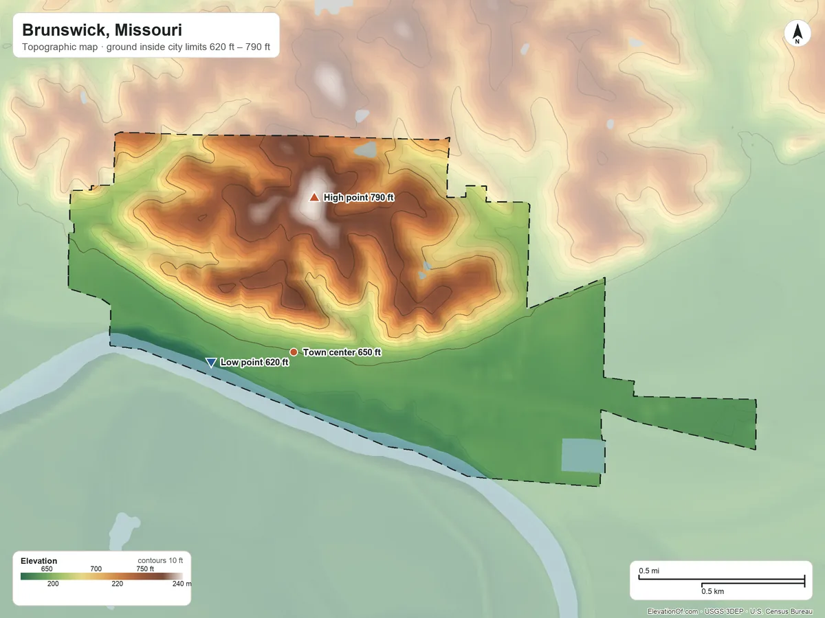 Topographic elevation map of Brunswick, Missouri, shaded from 620 ft on the west side to 790 ft on the north side