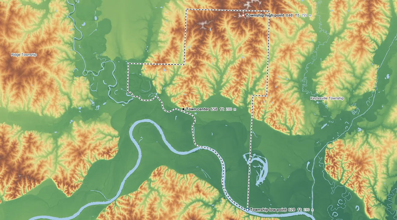 Topographic elevation map of Brunswick Township, Missouri, shaded from 620 ft on the southeast side to 840 ft on the northeast side