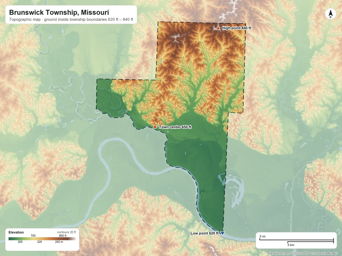 Topographic elevation map of Brunswick Township, Missouri, shaded from 620 ft on the southeast side to 840 ft on the northeast side