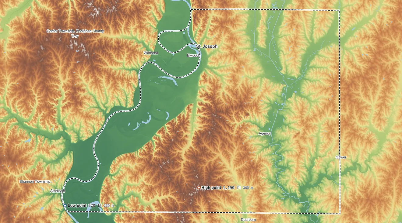 Topographic elevation map of Buchanan County, Missouri, shaded from 770 ft on the southwest side to 1,190 ft on the south side