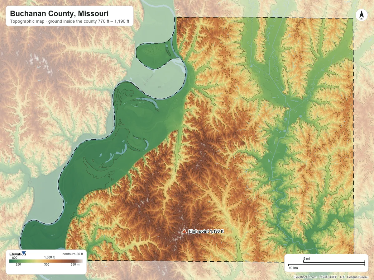 Topographic elevation map of Buchanan County, Missouri, shaded from 770 ft on the southwest side to 1,190 ft on the south side