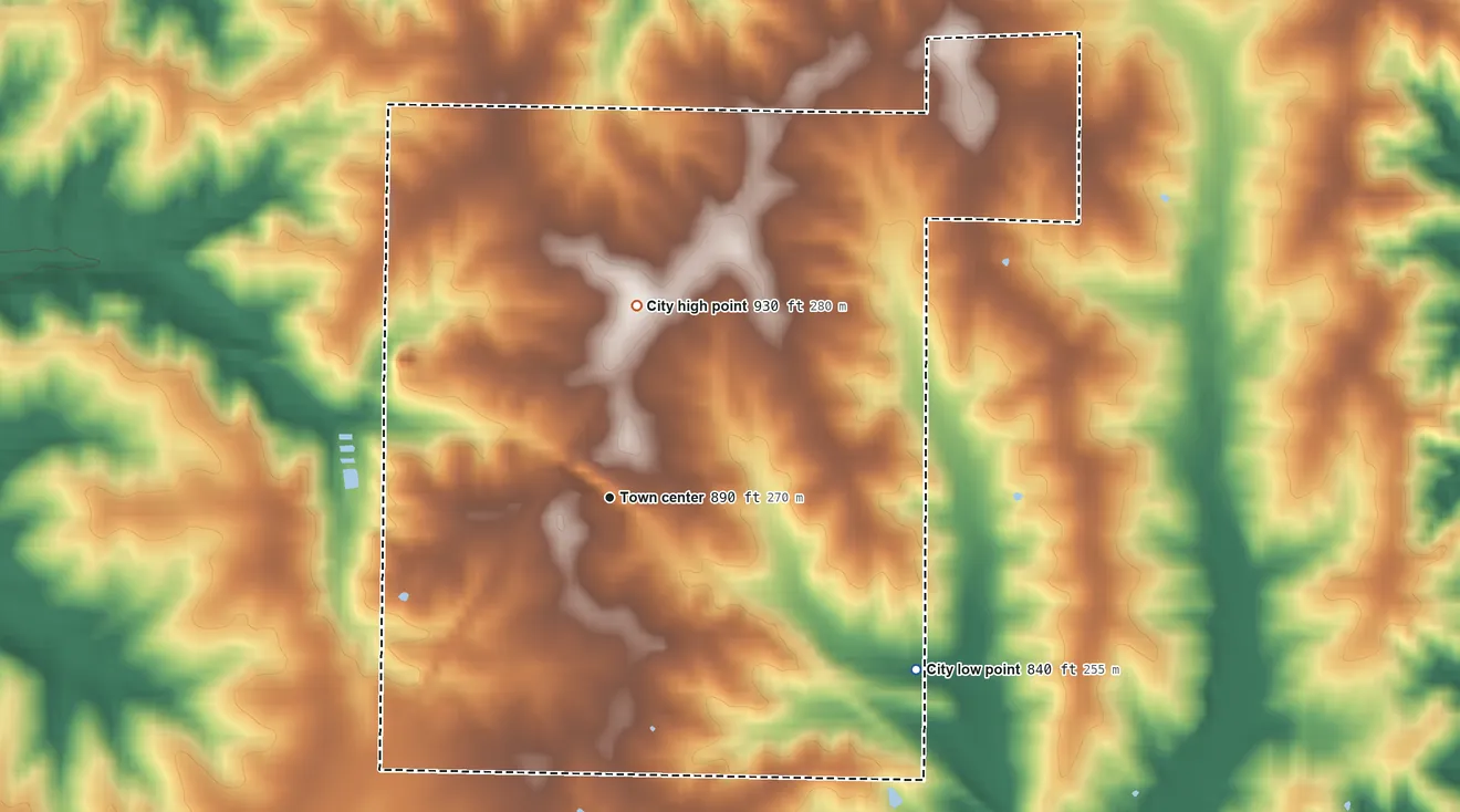 Topographic elevation map of Bucklin, Missouri, shaded from 840 ft on the southeast side to 930 ft on the north side
