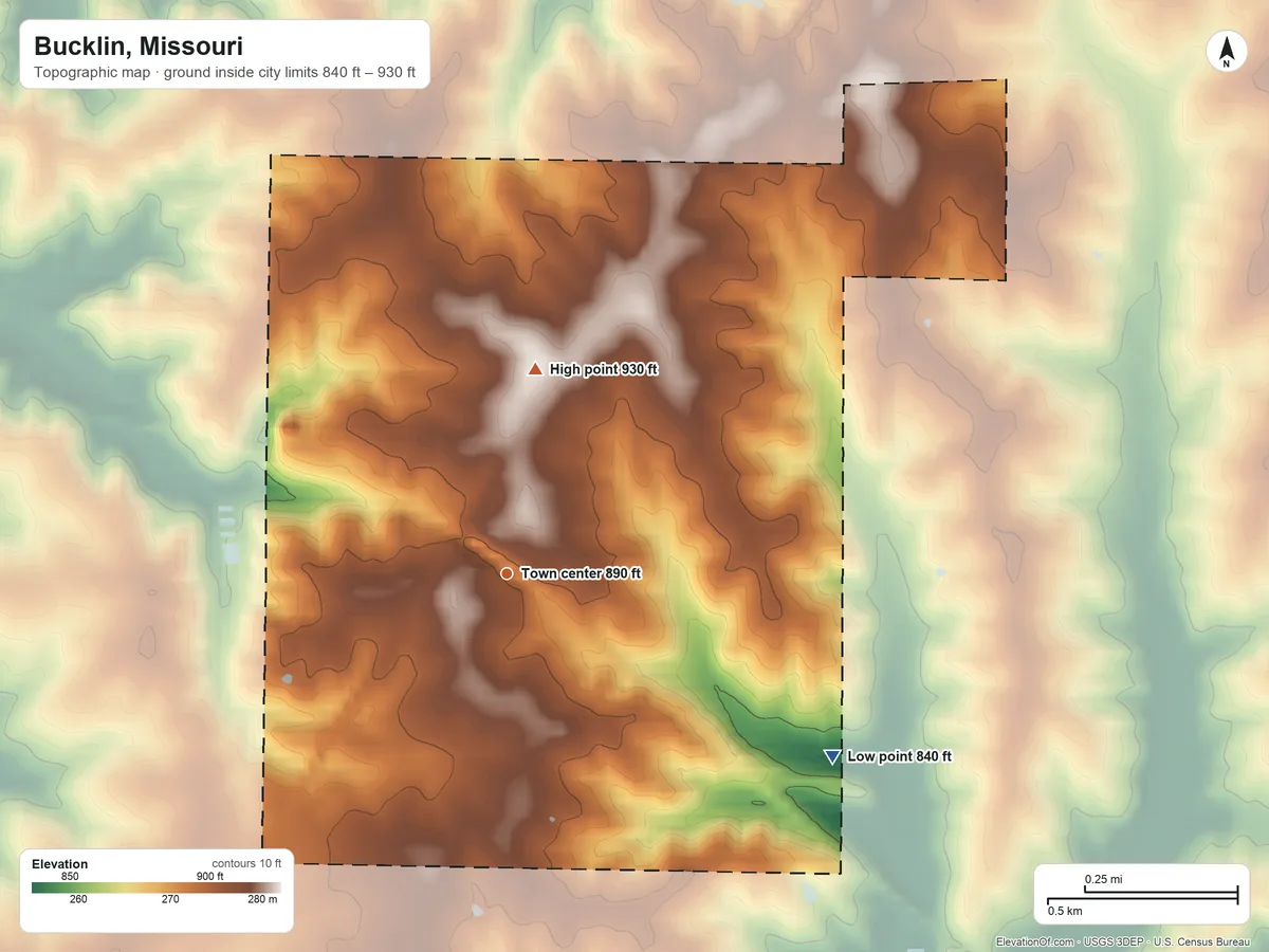 Topographic elevation map of Bucklin, Missouri, shaded from 840 ft on the southeast side to 930 ft on the north side