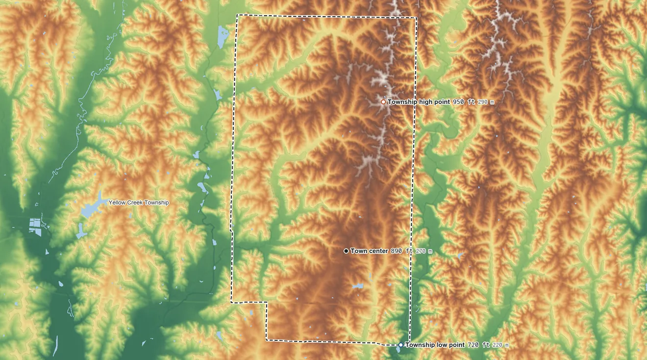 Topographic elevation map of Bucklin Township, Missouri, shaded from 720 ft on the southeast side to 950 ft on the north side