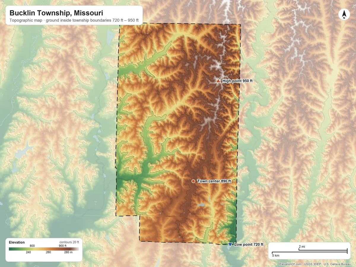 Topographic elevation map of Bucklin Township, Missouri, shaded from 720 ft on the southeast side to 950 ft on the north side