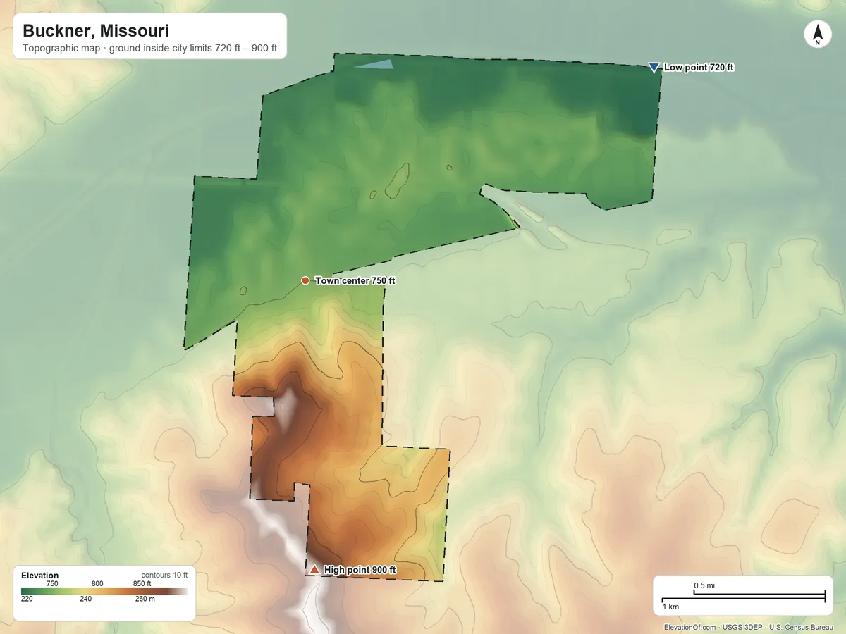 Topographic elevation map of Buckner, Missouri, shaded from 720 ft on the northeast side to 900 ft on the south side