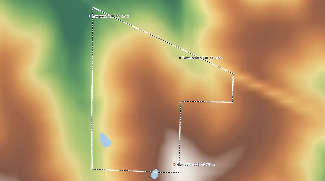 Topographic elevation map of Buell, Missouri, shaded from 730 ft on the northwest side to 770 ft on the south side