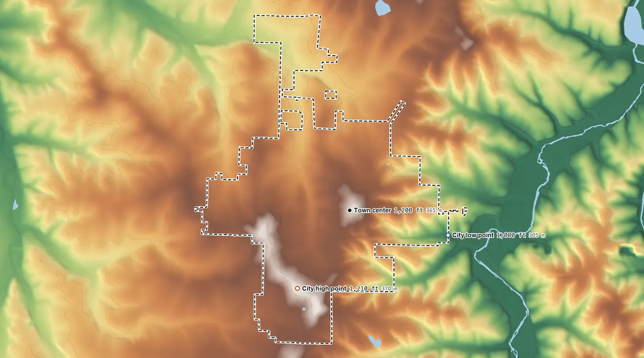 Topographic elevation map of Buffalo, Missouri, shaded from 1,000 ft on the east side to 1,210 ft on the southwest side