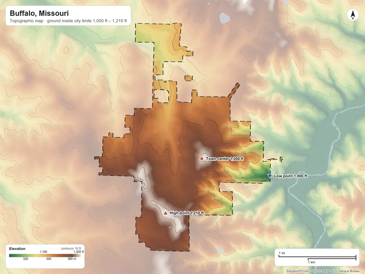 Topographic elevation map of Buffalo, Missouri, shaded from 1,000 ft on the east side to 1,210 ft on the southwest side
