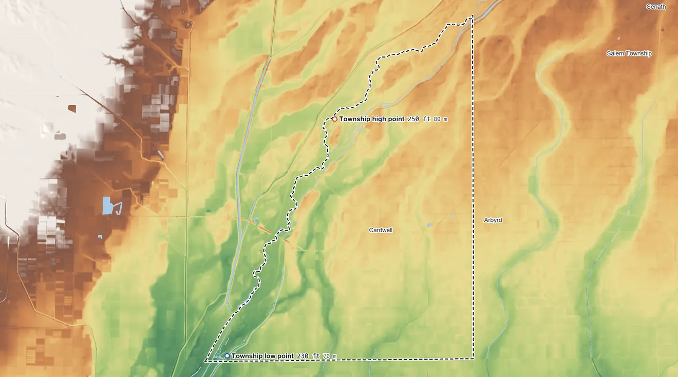 Topographic elevation map of Buffalo Township, Missouri, shaded from 230 ft on the southwest side to 250 ft on the northwest side