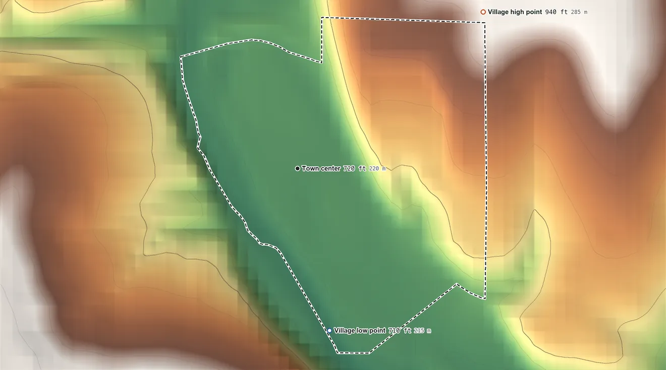 Topographic elevation map of Bull Creek, Missouri, shaded from 710 ft on the south side to 940 ft on the northeast side