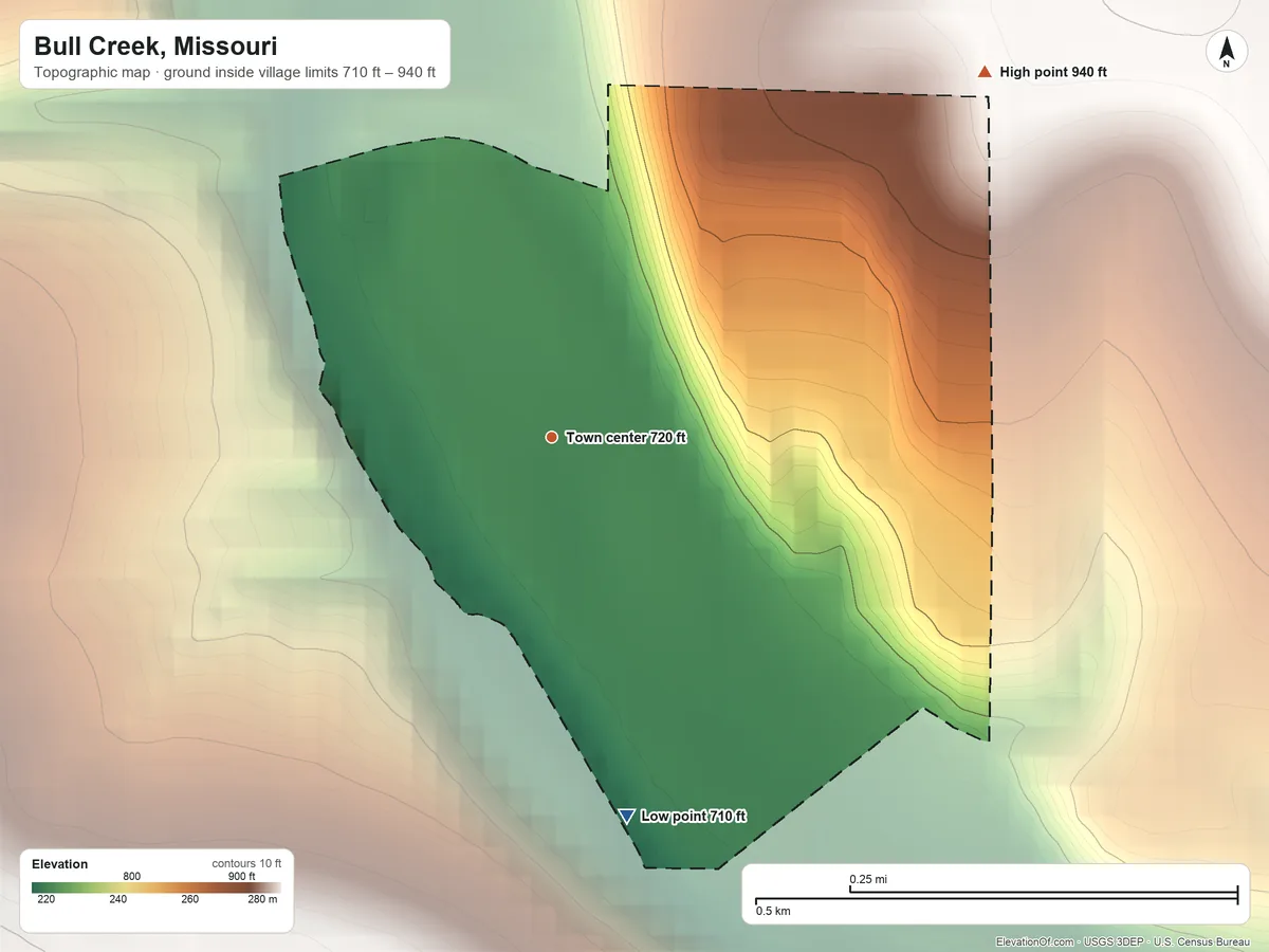 Topographic elevation map of Bull Creek, Missouri, shaded from 710 ft on the south side to 940 ft on the northeast side