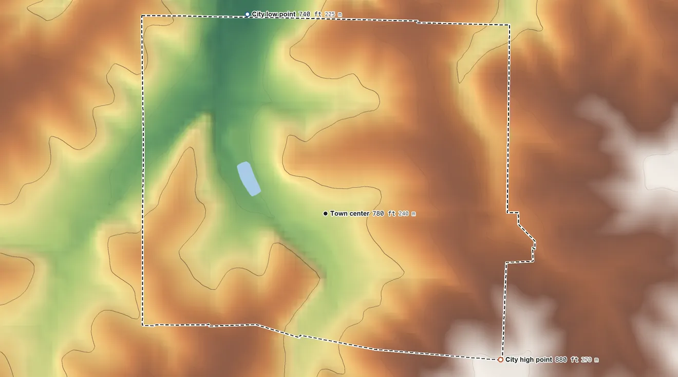 Topographic elevation map of Bunceton, Missouri, shaded from 740 ft on the north side to 880 ft on the southeast side
