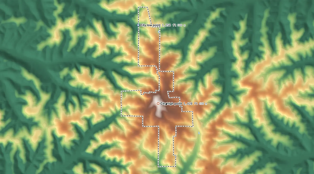 Topographic elevation map of Bunker, Missouri, shaded from 1,250 ft on the north side to 1,420 ft near the middle