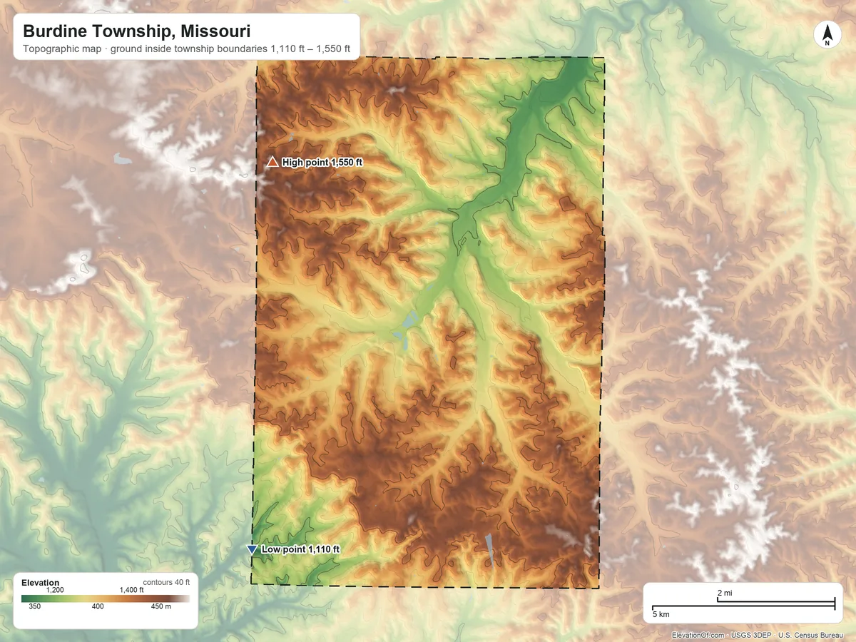 Topographic elevation map of Burdine Township, Missouri, shaded from 1,110 ft on the southwest side to 1,550 ft on the northwest side