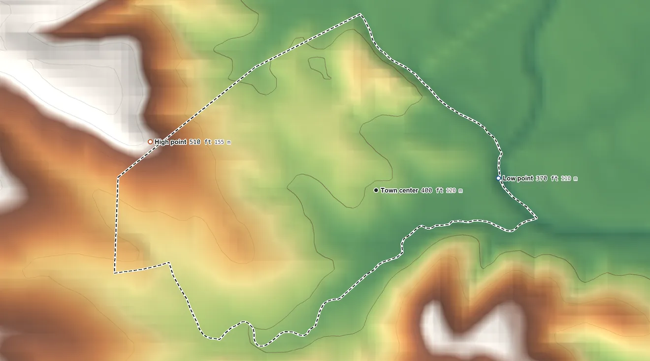 Topographic elevation map of Burfordville, Missouri, shaded from 370 ft on the east side to 510 ft on the west side