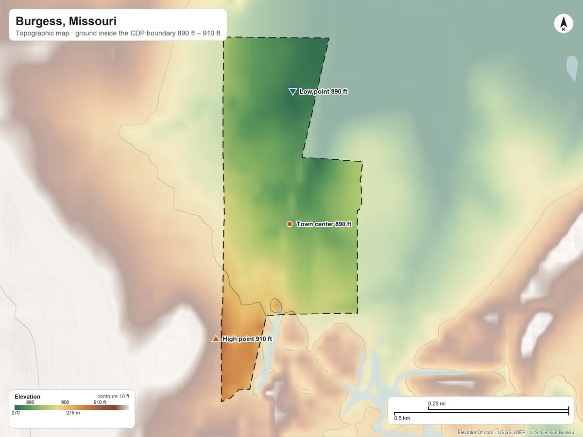 Topographic elevation map of Burgess, Missouri, shaded from 890 ft on the north side to 910 ft on the southwest side
