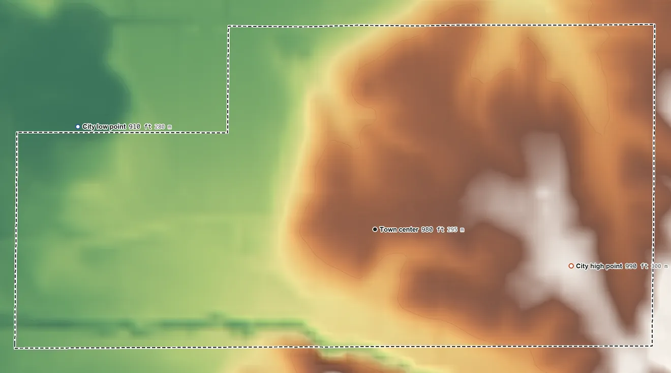 Topographic elevation map of Burlington Junction, Missouri, shaded from 910 ft on the west side to 990 ft on the east side