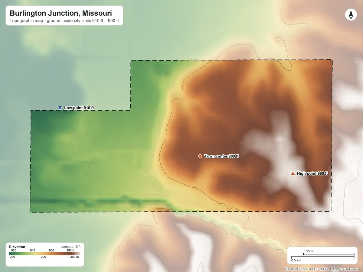 Topographic elevation map of Burlington Junction, Missouri, shaded from 910 ft on the west side to 990 ft on the east side