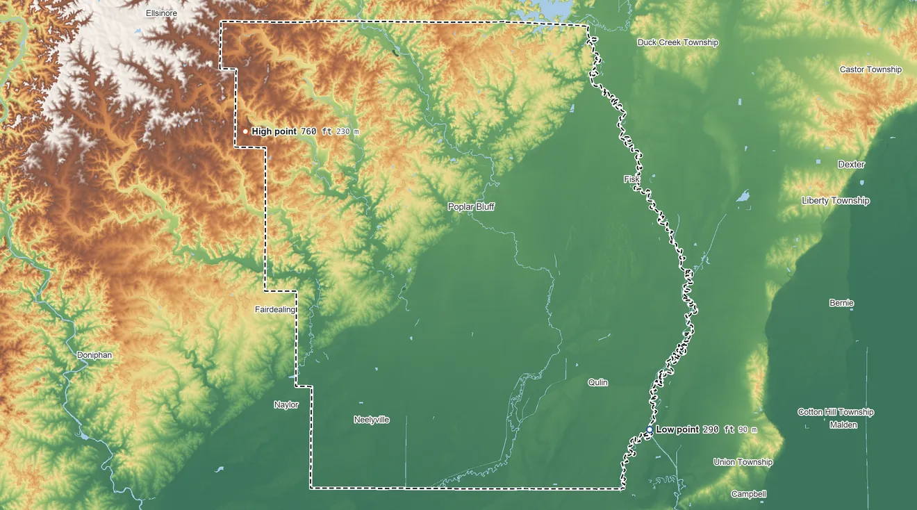 Topographic elevation map of Butler County, Missouri, shaded from 290 ft on the southeast side to 760 ft on Pinhook Hill