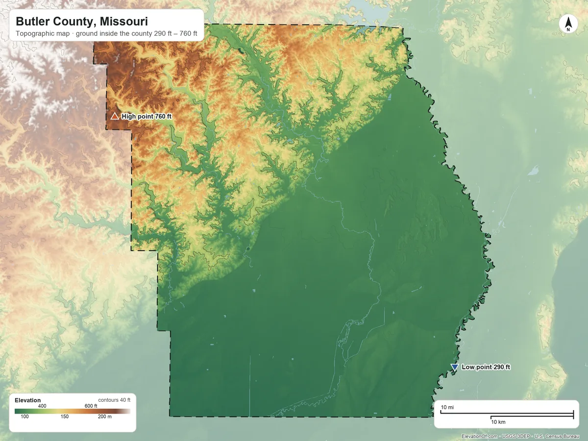 Topographic elevation map of Butler County, Missouri, shaded from 290 ft on the southeast side to 760 ft on Pinhook Hill