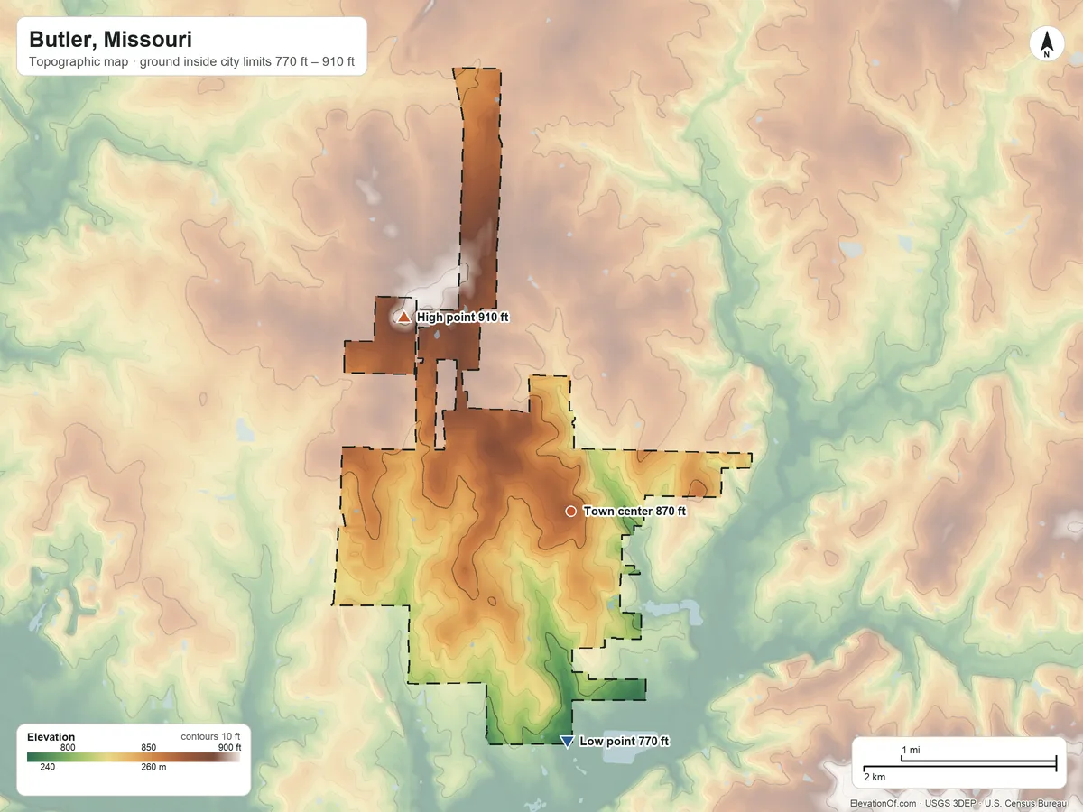 Topographic elevation map of Butler, Missouri, shaded from 770 ft on the south side to 910 ft on the northwest side