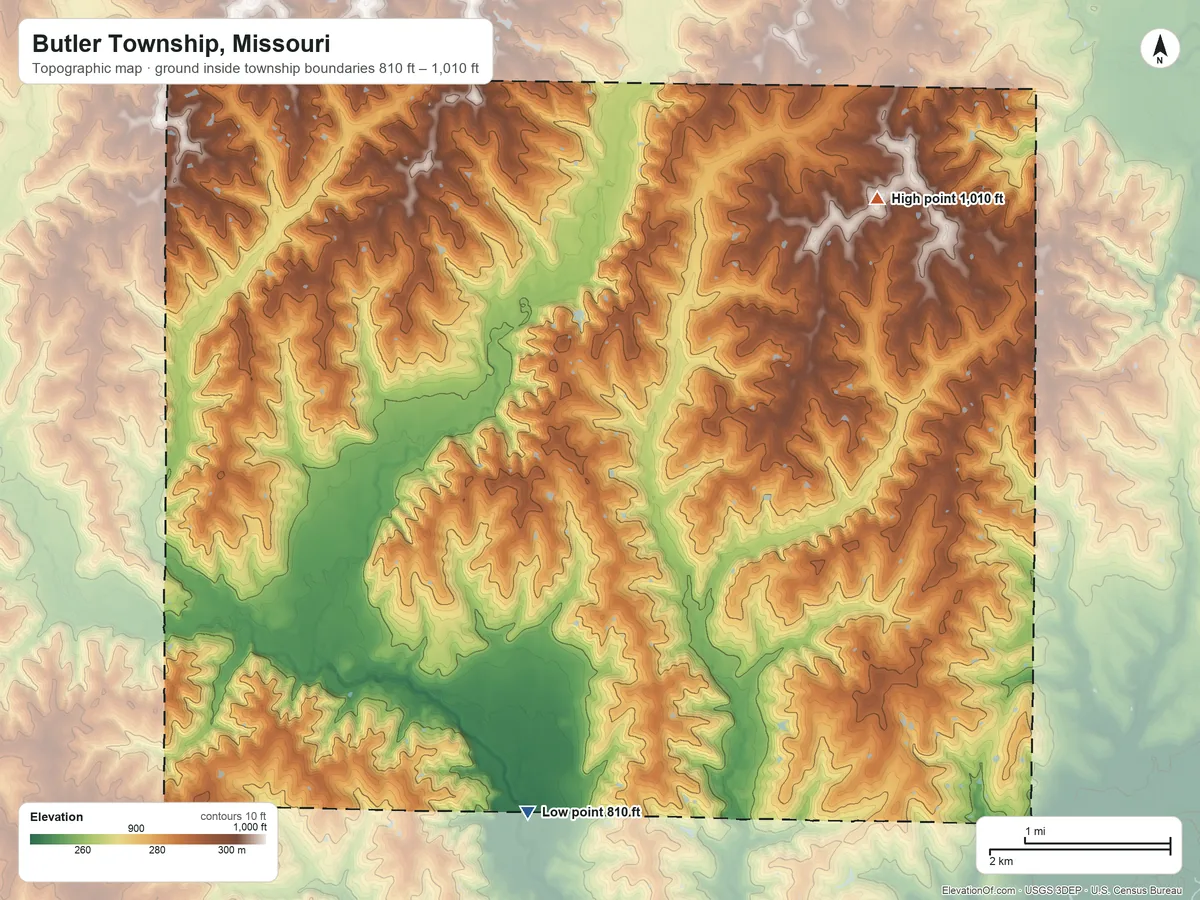 Topographic elevation map of Butler Township, Missouri, shaded from 810 ft on the south side to 1,010 ft on the northeast side